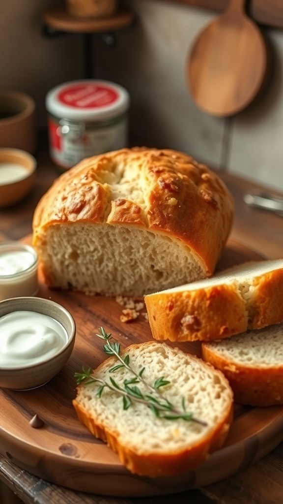 Flourless Yogurt Bread Recipe A loaf of flourless yogurt bread sliced on a cutting board, with yogurt and herbs in the background.